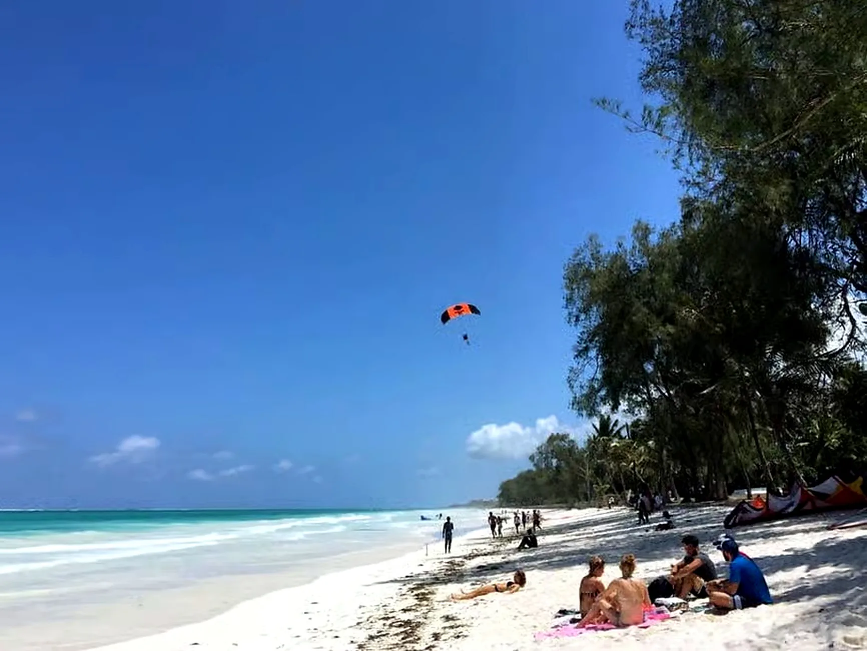 An orange and black parachute canopy drifts above a long white sand beach and turquoise shallows lined with casuarina trees