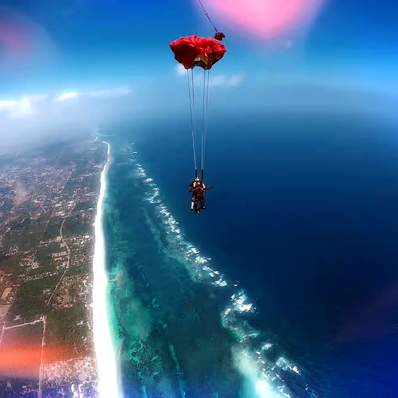 A tandem pair hang beneath a red canopy high above the Diani reef line, white surf marking the coast far below